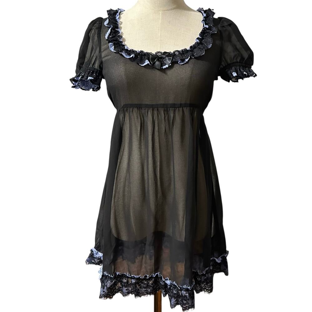 Dolls Kill Widow Sz XXS 2XS Black Sheer Chiffon Purple Lace Trim Baby Doll Dress